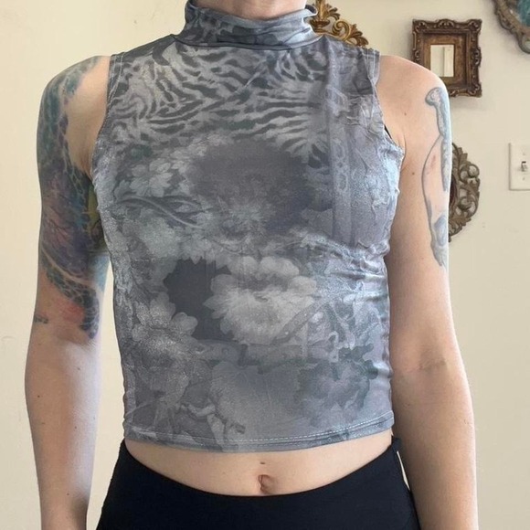 Cheryl Creations Tops - Cheryl Creations Vintag Grey Floral Tiger Print Mock Neck Sleeveless Mesh Top XS